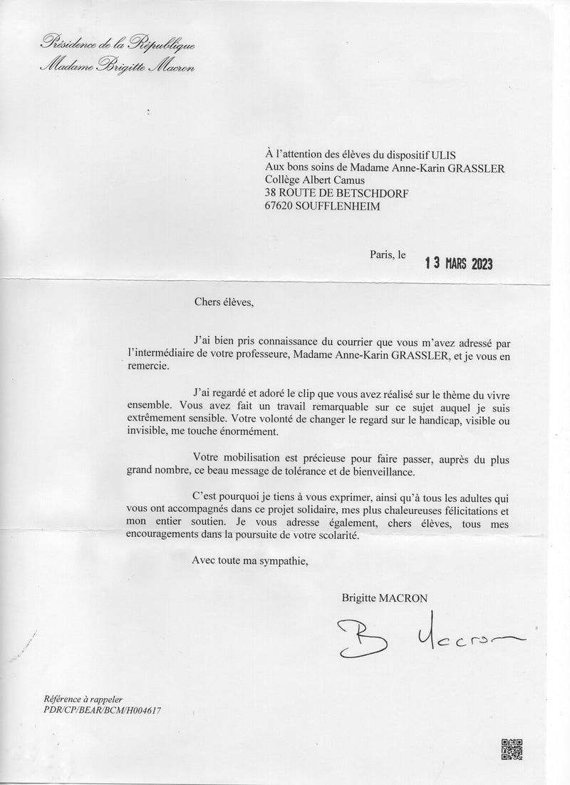Lettre de soutien de Brigitte Macron