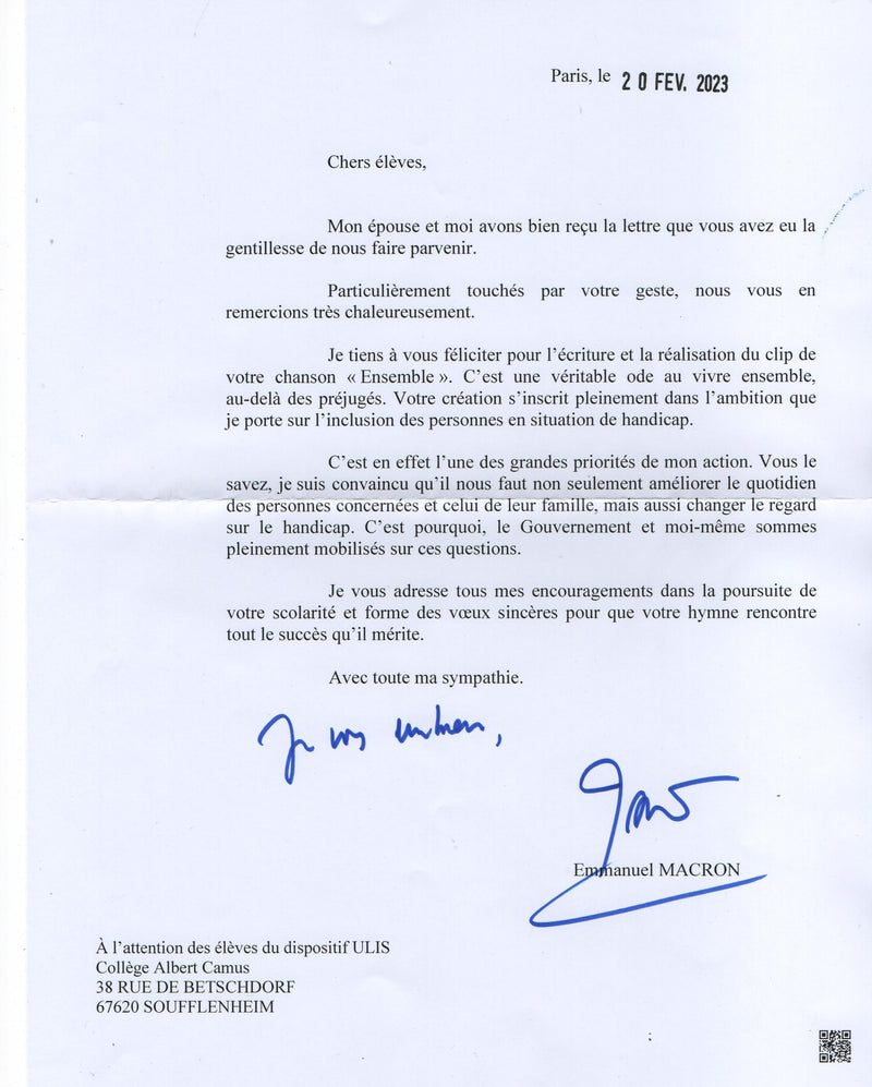 Lettre de soutien d'Emmanuel Macron